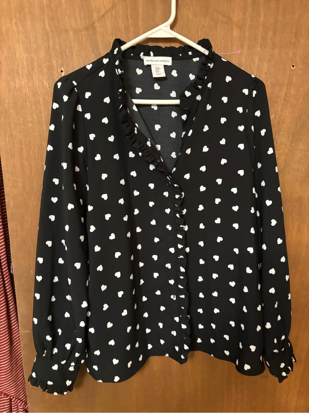 cupcakes & cashmere Black Heart-Print Ruffle Button-Down Blouse